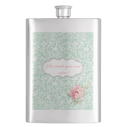 Chic Elegant Damask, Rozen, Motivatie Bericht Heupfles (Voorkant)