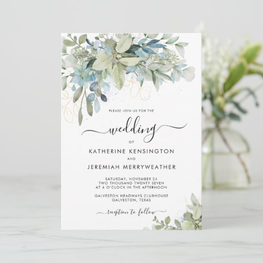 Chic Elegant Eucalyptus Greenery Script Weddenscha Kaart (Staand voorkant)