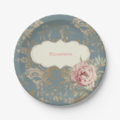 Chic Elegant Gold Damask Rozen Papieren Bordje (Voorkant)