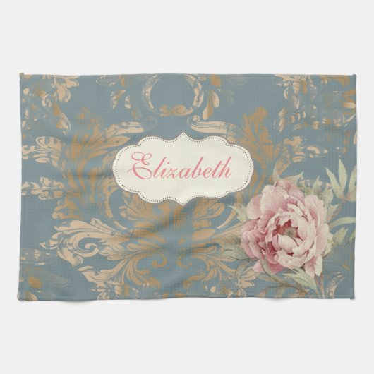 Chic Elegant Gold Damask Rozen Theedoek (Horizontaal)
