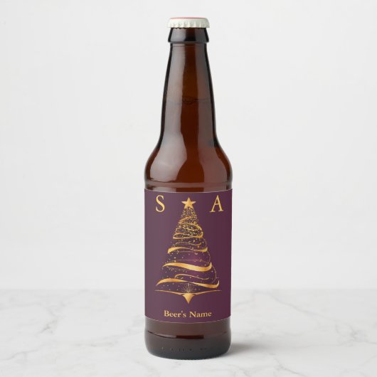Chic Elegant Gouden Kerstboom Monogram Huwelijk Bier Etiket (Voorkant)