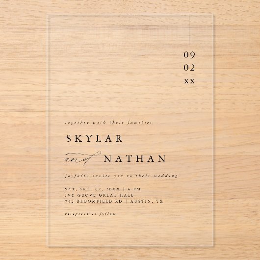 Chic Elegant Minimalist Betaalbare Luxe Huwelijk Acryl Uitnodigingen (Voorkant)