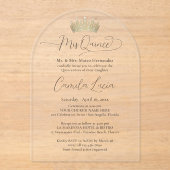 Chic Elegant Mis Quince Script & Quinceañera Crown Acryl Uitnodigingen (Voorkant)