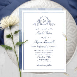 Chic Elegant Monogram Navy Blue Waterverf Wedding Kaart