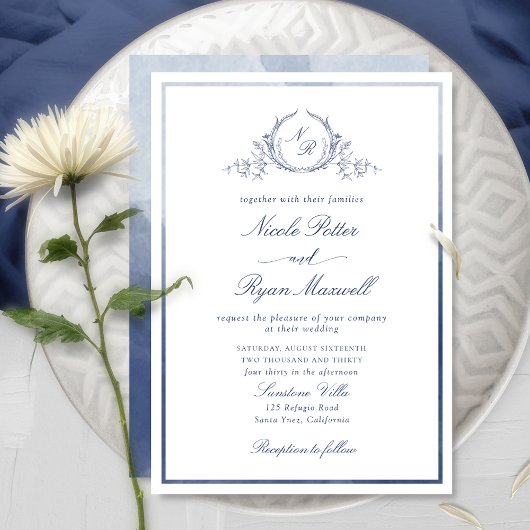 Chic Elegant Monogram Navy Blue Waterverf Wedding Kaart