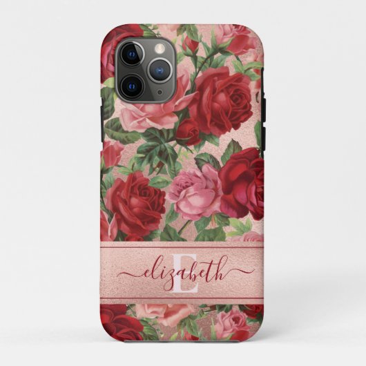 Chic Elegant  Roze Rood Roses Floral Name Case-Mate iPhone Case (Achterkant)
