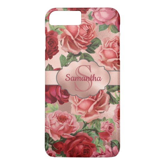 Chic Elegant  Roze Rood Roses Floral Name Case-Mate iPhone Case (Achterkant)