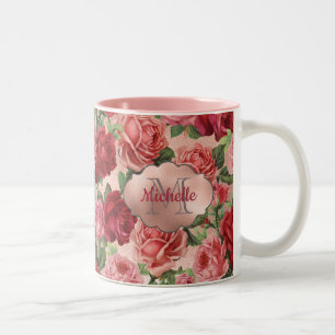 Chic Elegant Roze Rood Roses Floral Name Tweekleurige Koffiemok