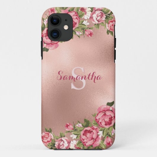 Chic Elegant  Roze Roses Floral Name Case-Mate iPhone Case (Achterkant)