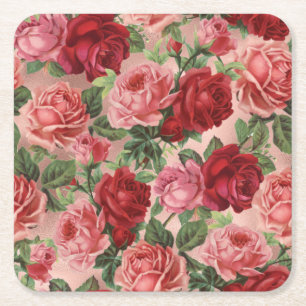 Chic Elegant roze roze rozen Floral Vierkante Kartonnen Onderzetter