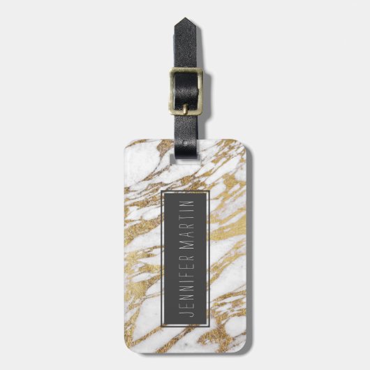 Chic Elegant White en Gold Marble Pattern Bagagelabel (Voorkant verticaal)