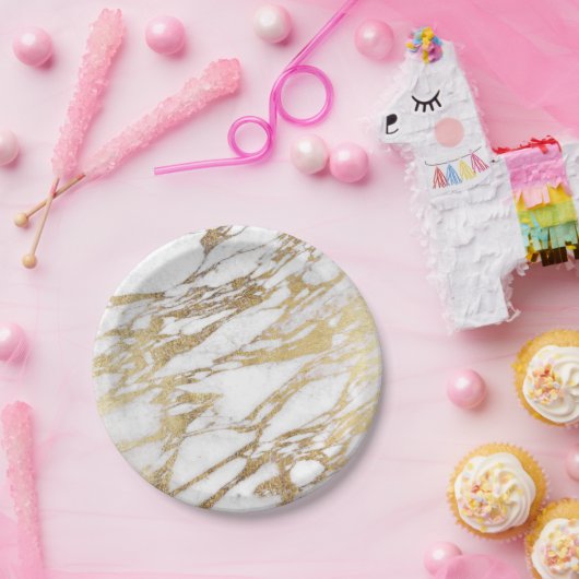Chic Elegant White en Gold Marble Pattern Papieren Bordje (Feest)