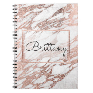 Chic Elegant White en Roos Gold Marble Monogram Notitieboek