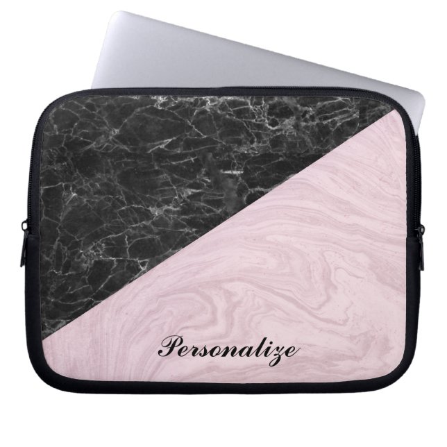 Chic Elegant zwart roze marmer personaliseren Laptop Sleeve (Voorkant)