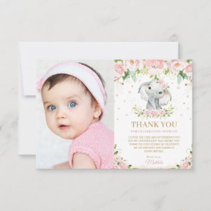 Chic Elephant Blush Pink Floral 1st Birthday Foto Bedankkaart