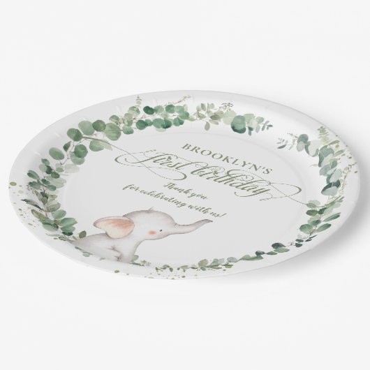 Chic Elephant Greenery Geslachtsneutraal 1e Verjaa Papieren Bordje (Gekanteld)