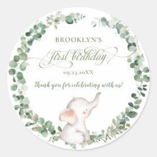 Chic Elephant Greenery Geslachtsneutraal 1e Verjaa Ronde Sticker