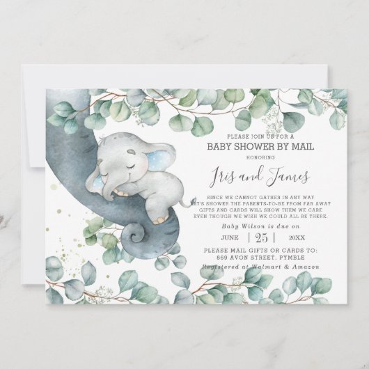 Chic Elephant Greenery Virtual Baby shower by Mail Kaart (Voorkant)