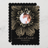 Chic Elgant Black en Gold Floral Photo Wedding Kaart (Voorkant / Achterkant)