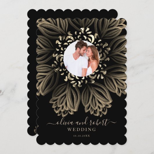 Chic Elgant Black en Gold Floral Photo Wedding Kaart (Voorkant / Achterkant)