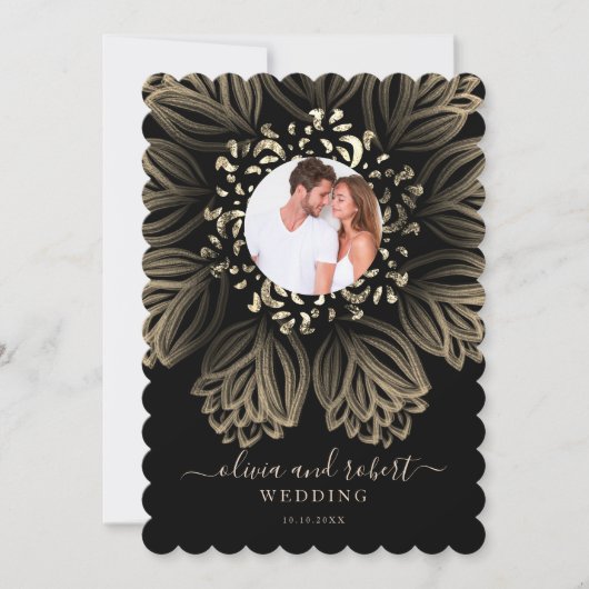 Chic Elgant Black en Gold Floral Photo Wedding Kaart (Voorkant)