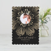 Chic Elgant Black en Gold Floral Photo Wedding Kaart (Staand voorkant)