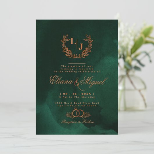 Chic Emerald Copper Calligraphy Monogram Wedding Kaart (Staand voorkant)