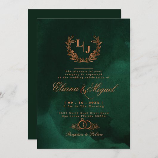 Chic Emerald Copper Calligraphy Monogram Wedding Kaart (Voorkant / Achterkant)