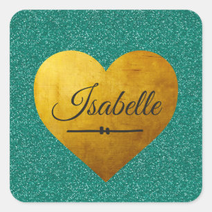 Chic Emerald Glitter Gold Heart Name Monogram Vierkante Sticker