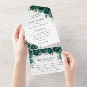 Chic Emerald Green Floral Flowers Wedding All In One Uitnodiging