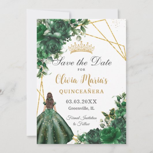 Chic Emerald Green Flowers Princess Quinceañera Save The Date (Voorkant)