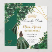 Chic Emerald Green Flowers Princess Quinceañera Save The Date (Voorkant / Achterkant)