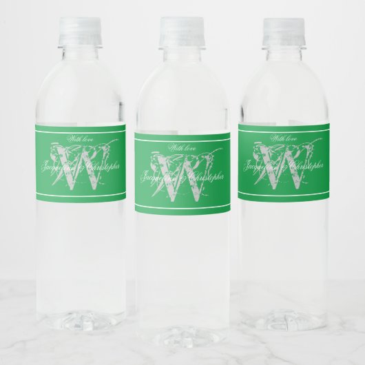 Chic Emerald Green Monogram Names Cute Wedding Waterfles Etiket (Flessen)