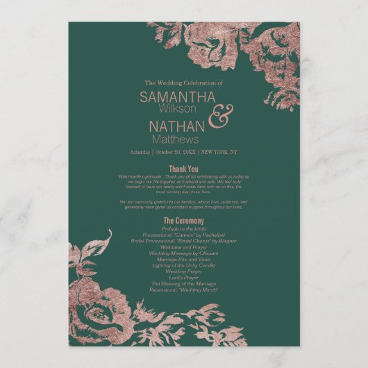 Chic Emerald Green Roos Gold Floral Wedding Programma (Voorkant)
