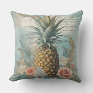 Chic en mooie vintage ananas kunst aqua blauw buitenkussen