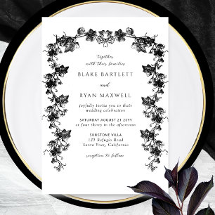 Chic Enchanting Black Botanical Garlands Wedding Kaart