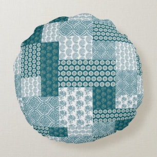 Chic Ethnic Faux Patchwork Patroon, Blauwgroen en  Rond Kussen