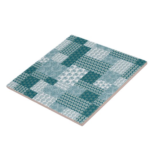 Chic Ethnic Faux Patchwork Patroon, Blauwgroen en  Tegeltje (Zijkant)