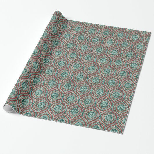 Chic Ethnic Ogee Pattern in Maroon, Blauwgroen en Cadeaupapier (Uitgerold)