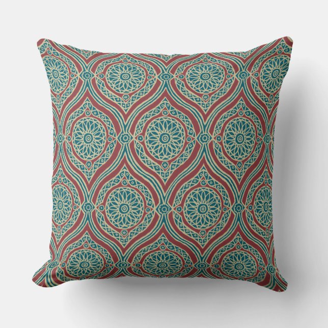 Chic Ethnic Ogee Pattern in Maroon, Blauwgroen en  Kussen (Voorkant)