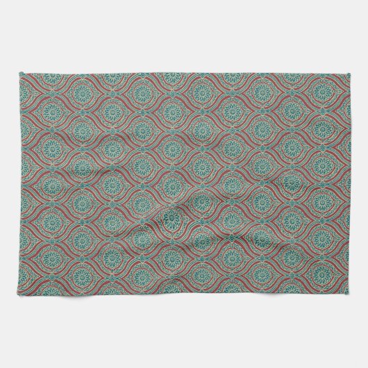 Chic Ethnic Ogee Pattern in Maroon, Blauwgroen en  Theedoek (Horizontaal)
