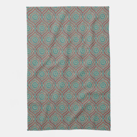 Chic Ethnic Ogee Pattern in Maroon, Blauwgroen en  Theedoek (Verticaal)