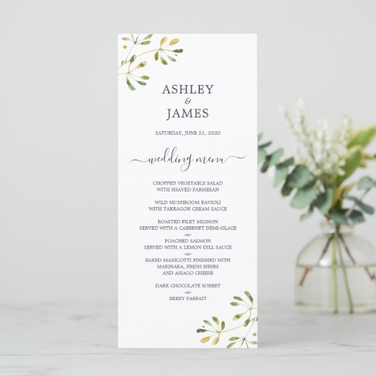 Chic Eucalyptus Foliage Dark Blue Script Weduwen Menu (Staand voorkant)
