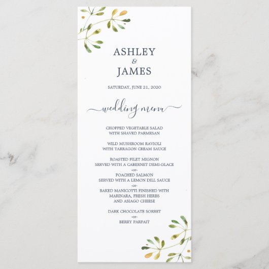 Chic Eucalyptus Foliage Dark Blue Script Weduwen Menu (Voorkant)