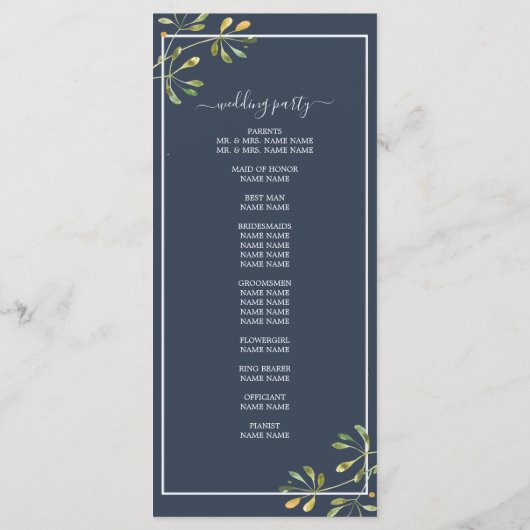 Chic Eucalyptus Green Navy Blue Botanical Wedding Programma (Achterkant)