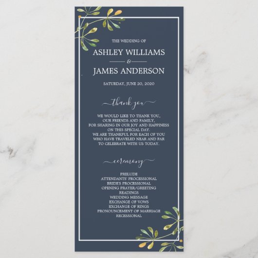 Chic Eucalyptus Green Navy Blue Botanical Wedding Programma (Voorkant)