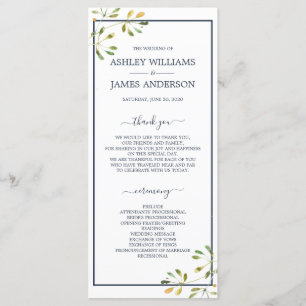 Chic Eucalyptus Green Navy Blue Botanical Wedding Programma