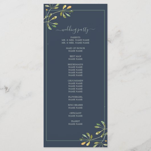 Chic Eucalyptus Green Navy Blue Botanical Wedding Programma (Achterkant)
