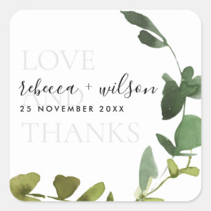 CHIC EUCALYPTUS WATERVERF LOVE EN BEDANKT WEDING VIERKANTE STICKER