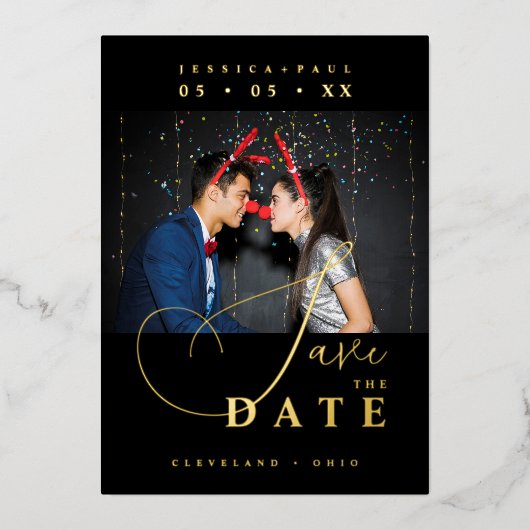 Chic Exquisite Script Photo Christmas Golden Folie Uitnodiging (Voorkant)